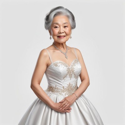 Elderly woman in elegant wedding dress posing gracefully