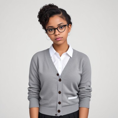 Young woman in grey cardigan with glasses poses indoors