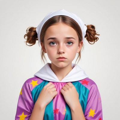 Girl in colorful costume looks worried