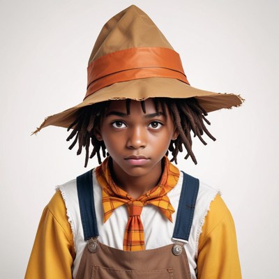 Child in a large hat with a serious expression in studio