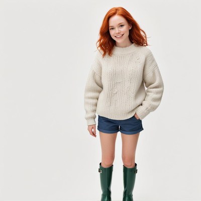 Young woman wearing sweater and shorts poses with confidence