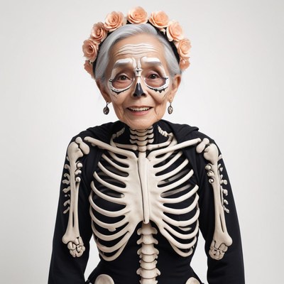 Elderly woman in skeleton costume with floral headpiece