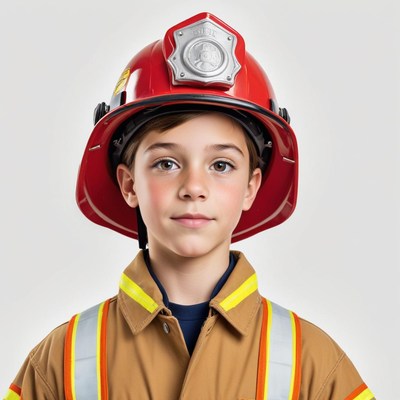 Young firefighter in helmet and uniform poses confidently