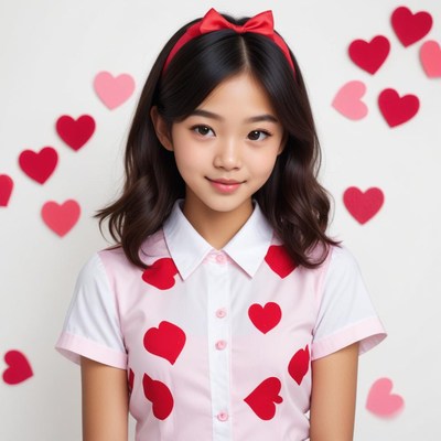 Young girl smiling with heart decorations in background