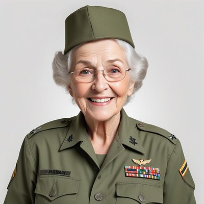 Elderly woman proudly wearing military uniform and medals