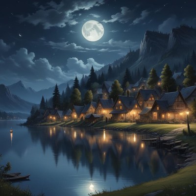 Moonlit village by the lake at night with shining lights