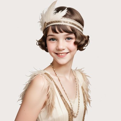 Smiling girl in 1920s flapper outfit with feathers