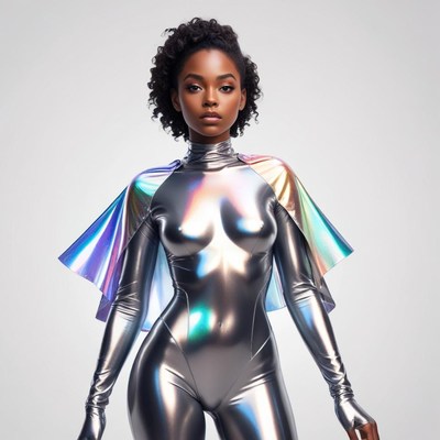 Model in metallic outfit poses against simple background