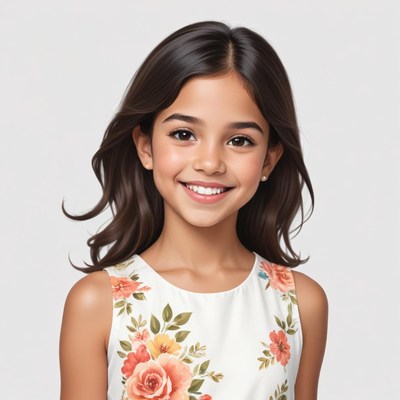 Young girl smiling in a floral dress with long hair