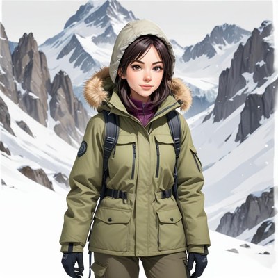 Person in warm jacket standing in snowy mountain landscape