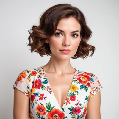 Model poses in a floral dress with soft curls in studio