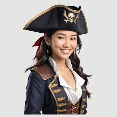 Pirate woman wears hat and smiles for adventure