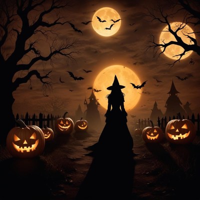Witch walking among pumpkins on a spooky halloween night