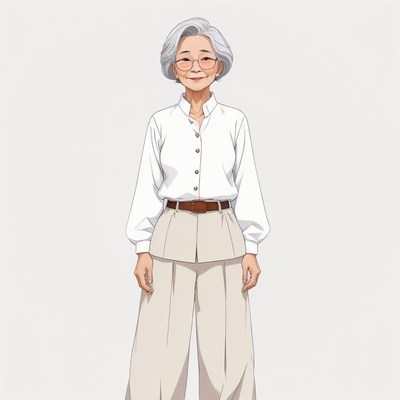 Elderly woman poses in a stylish outfit