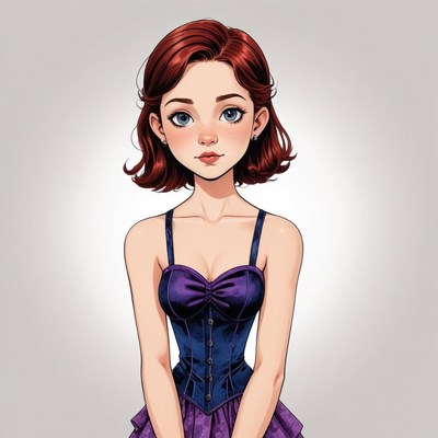 Young girl in elegant dress poses against plain background