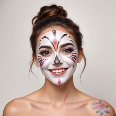Woman with artistic face paint smiling happily