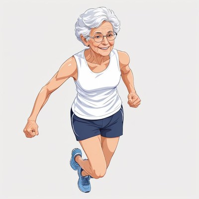 Elderly woman jogging happily in fitness outfit