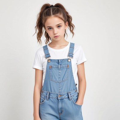 Fashionable child model in denim overalls poses indoors