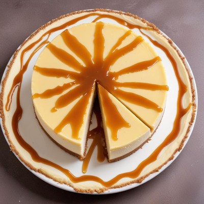 Delicious caramel cheesecake with a slice removed