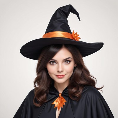 Woman in witch costume with black hat and orange accents