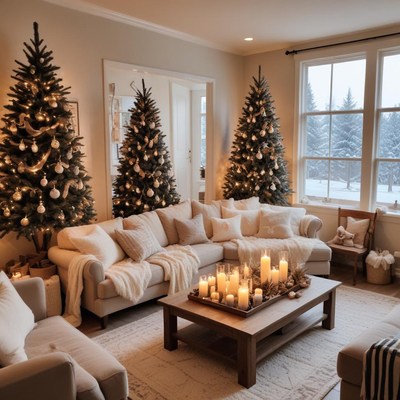 Cozy winter living room decorated for the holidays