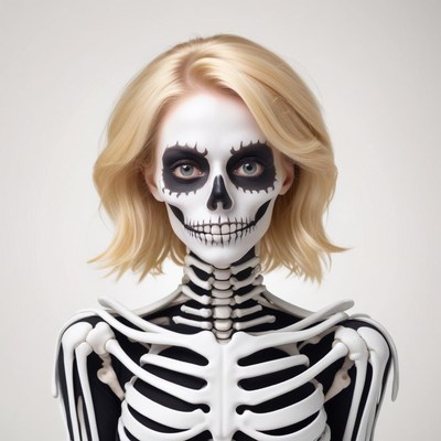 Woman with skeleton makeup posing against a plain background