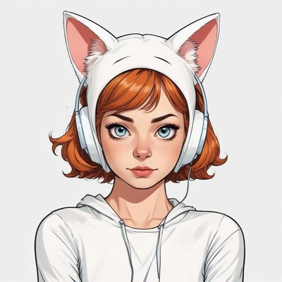 Young girl with cat ear headphones and orange hair