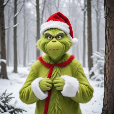 Grinch wearing santa hat in snowy forest during winter