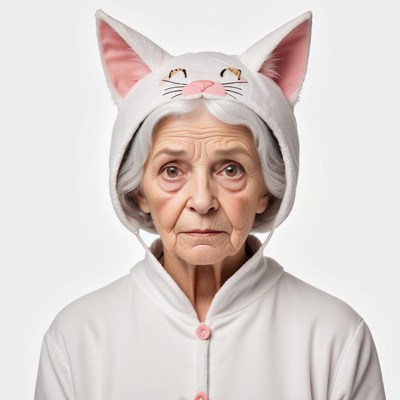 Elderly woman in cat costume with serious expression