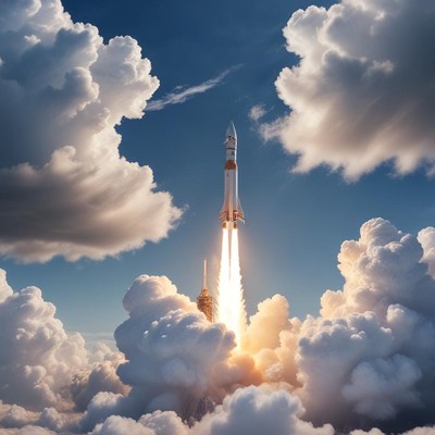 Rocket launches into the sky through fluffy clouds