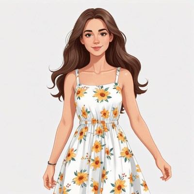 Young woman in floral dress with a cheerful demeanor