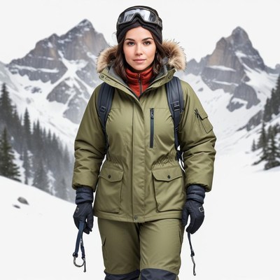 Woman hiking in snowy mountains wearing winter gear