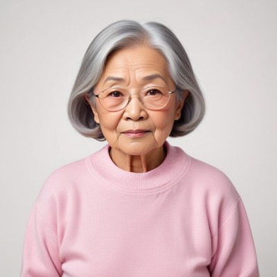 Gray-haired woman in glasses and a pink sweater