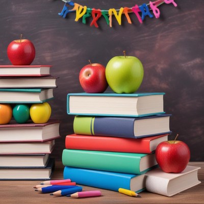Colorful classroom setup with books and apples