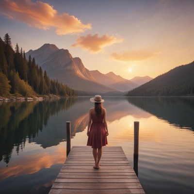 Woman enjoying sunset at lake with mountain backdrop