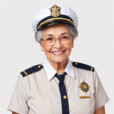Senior woman in uniform smiles for the camera