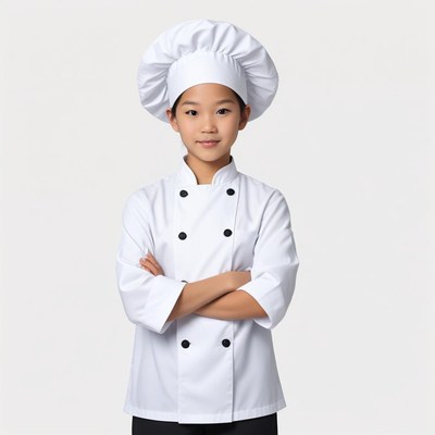 Young chef poses confidently in white uniform and hat