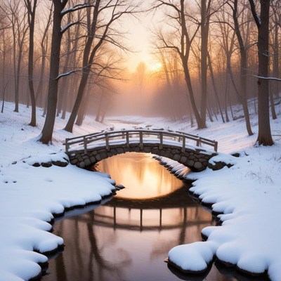Snowy bridge over river at winter sunrise