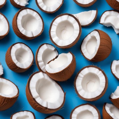 Broken coconut halves on a bright blue background