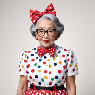 Elderly woman in colorful polka dot dress posing cheerfully