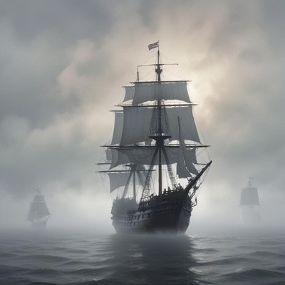 Mysterious ships sailing through foggy waters at dawn