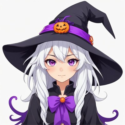 Cute witch character with white hair and purple eyes