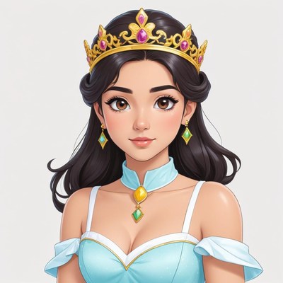 Young queen in elegant dress with golden crown and jewels