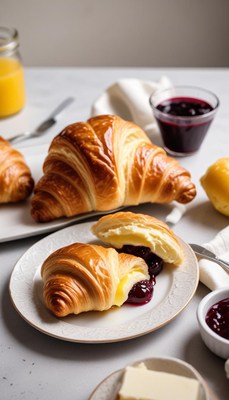 Freshly baked croissants with jam and butter for breakfast