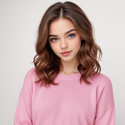 Young woman with wavy hair in a pink sweater poses warmly