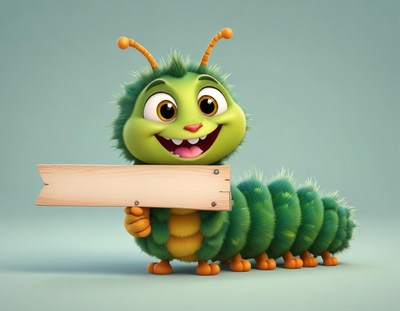 Happy green caterpillar holding a wooden sign