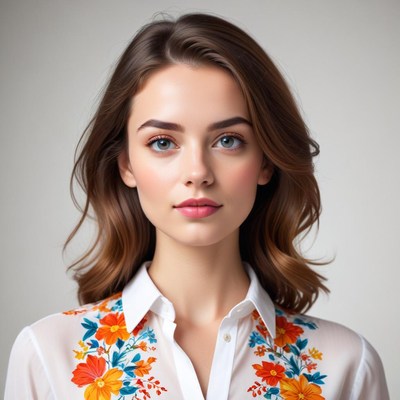 Woman with floral embroidery on white shirt smiling gently