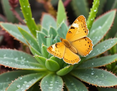 Butterfly resting on succulents with water droplets