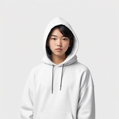 Youth in a white hoodie gazing confidently at camera