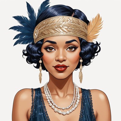 Elegant woman in vintage attire with pearls and feathers